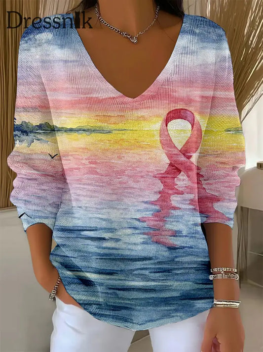 Frauen Brustkrebs Bewusstsein Rosa Band V-Ausschnitt Tops als bild / S