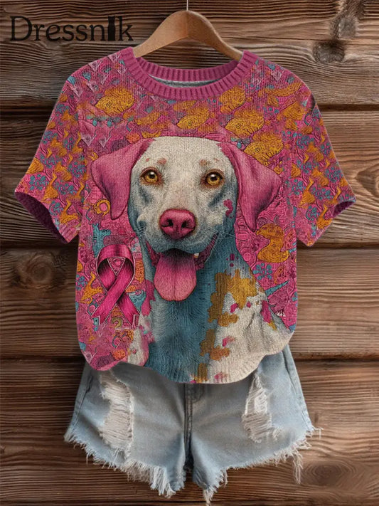 Frauen Brustkrebs Patchwork Hund Kunst Gemütliches Stricktop als bild / S