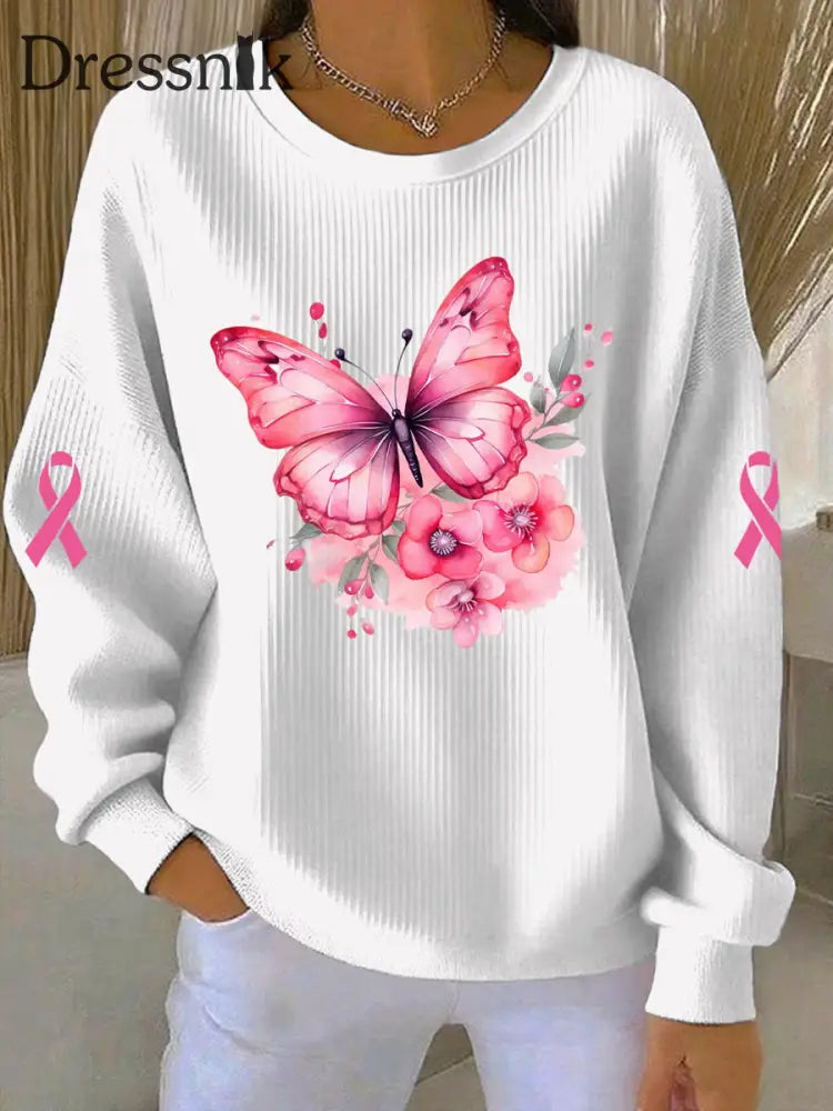 Frauen Brustkrebs Rosa Print Casual Sweatshirt Weiß / S