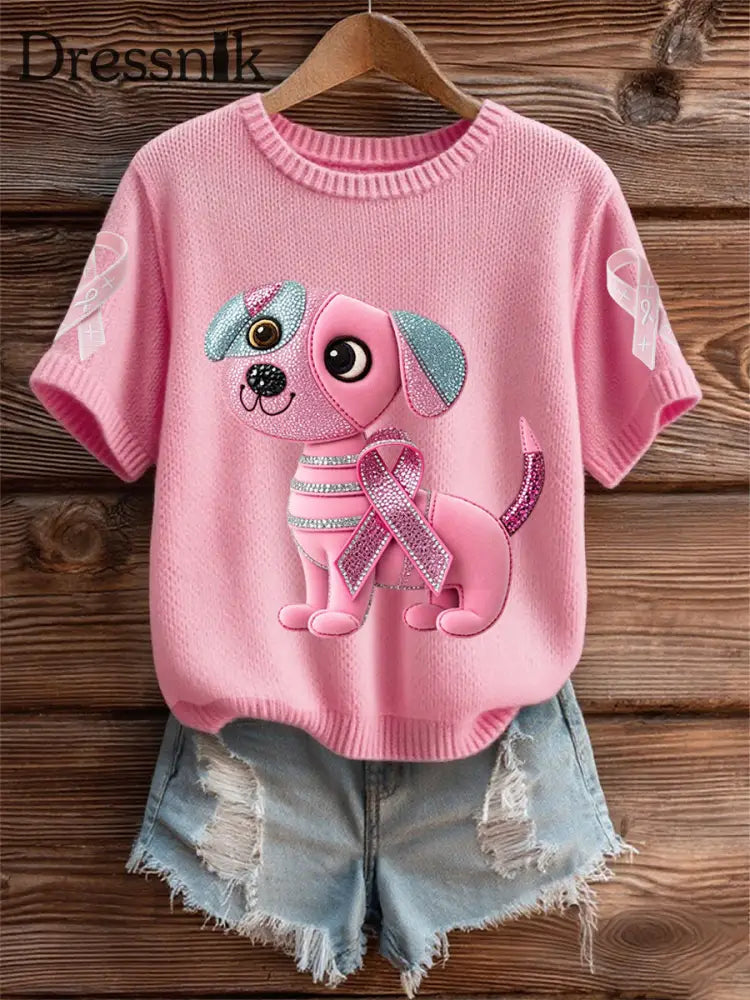 Frauen Brustkrebs Sensi bilisierung Unterstützung Pink Dog Pink Ribbon Print Kurzarm Top Rosa / S