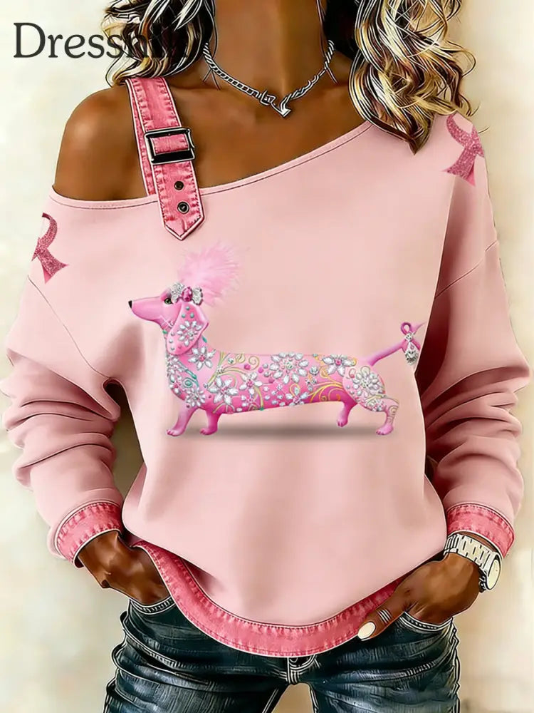 Frauen Brustkrebs Tier Dackel Bedruckt Ein Schulter Hosenträger Lässiger Pullover Rosa / S