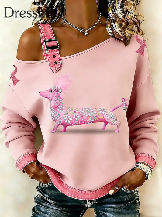 Frauen Brustkrebs Tier Dackel Bedruckt Ein Schulter Hosenträger Lässiger Pullover Rosa / S