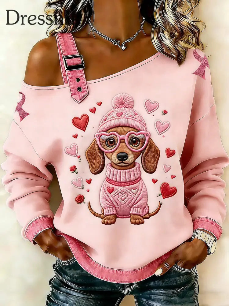 Frauen Brustkrebs Tier Dackel Bedruckt Ein Schulter Hosenträger Lässiger Pullover Rosa / S
