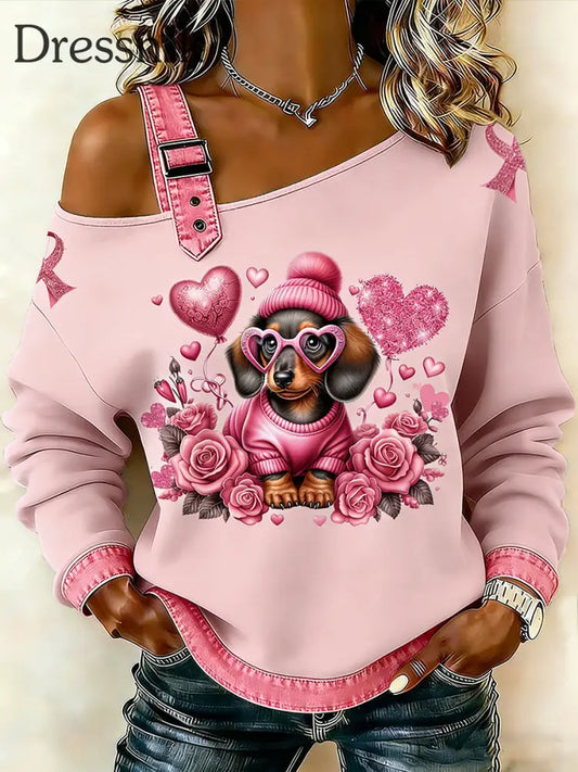 Frauen Brustkrebs Tier Dackel Bedruckt Ein Schulter Hosenträger Lässiger Pullover Rosa / S