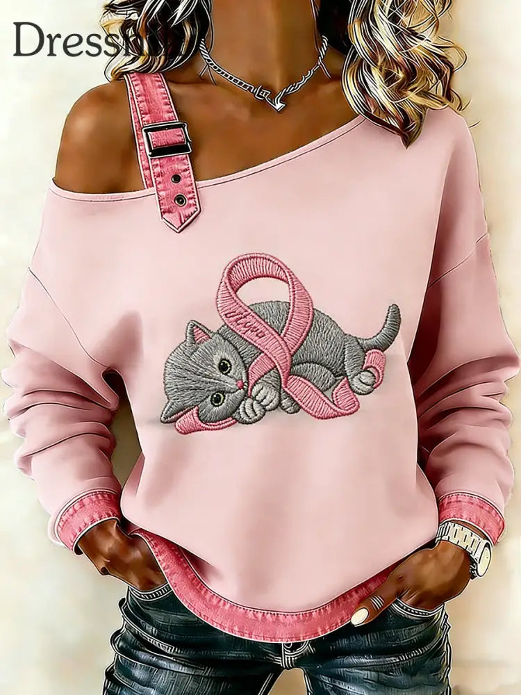 Frauen-Brustkrebs-Tier-Katze bedruckt ein Schulter-Hosenträger lässig Pullover Rosa / S