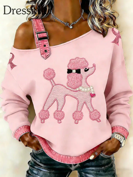 Frauen-Brustkrebs-Tier pudel bedruckte Schulter-Hosenträger-Freizeit pullover Rosa / S