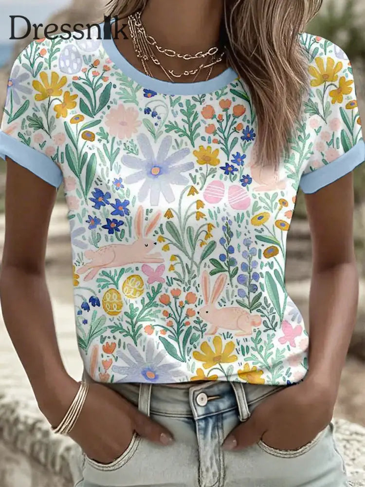 Frauen Bunny & Blumen kunst Druck T-Shirt als bild / S