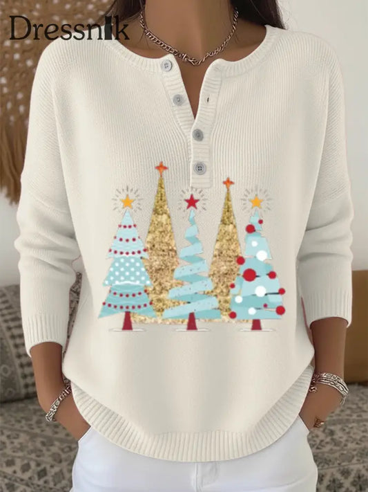 Frauen bunte geometrische Weihnachts baum Druck Henley Hals Pullover mehrfarbig / S