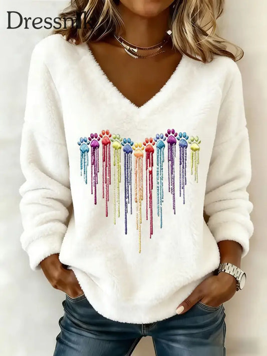 Frauen bunte Hunde Herz Pfote Flanell V-Ausschnitt Top Cremig-Weiß / S