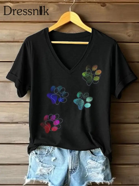 Frauen bunte Pfoten druck V-Ausschnitt T-Shirt Schwarz / S