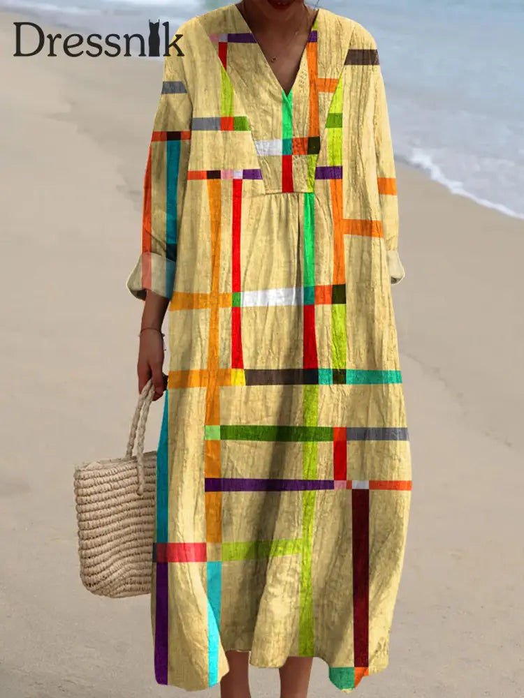 Frauen bunte Streifen Kunstdruck Kleid Gelb / S