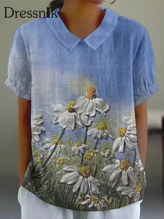Frauen buntes Aquarell Blumen druck Baumwolle und Leinen Kurzarm-Shirt blau / S
