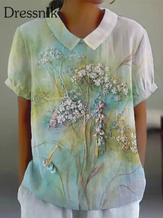Frauen buntes Aquarell Blumen druck Baumwolle und Leinen Kurzarm-Shirt Grün / S