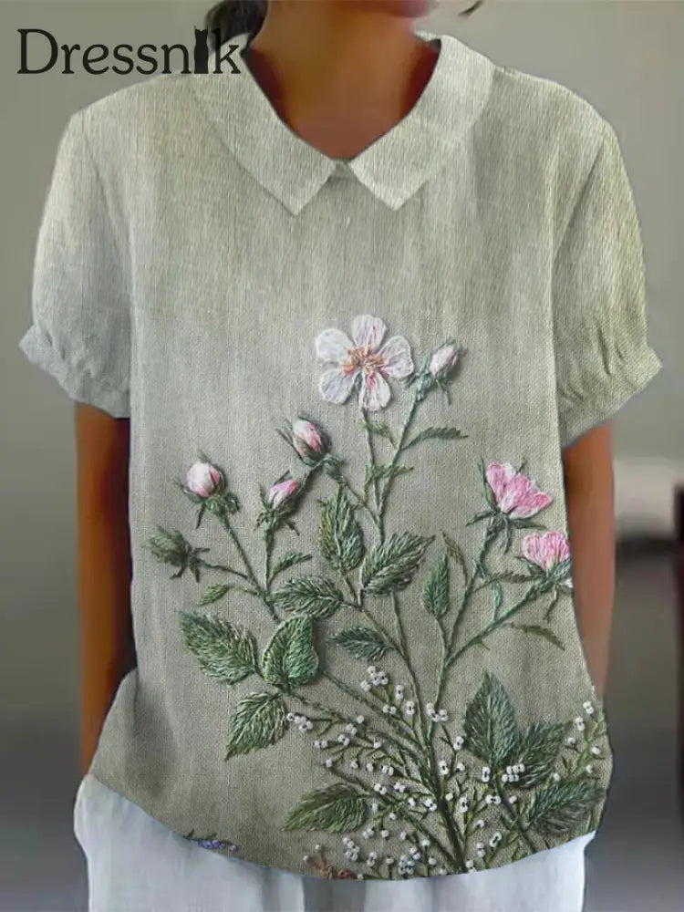 Frauen buntes Aquarell Blumen druck Baumwolle und Leinen Kurzarm-Shirt Grün / S