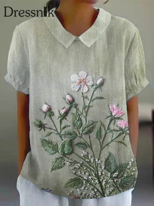 Frauen buntes Aquarell Blumen druck Baumwolle und Leinen Kurzarm-Shirt Grün / S
