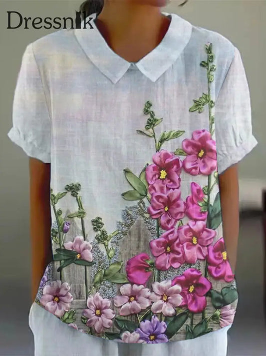 Frauen buntes Aquarell Blumen druck Baumwolle und Leinen Kurzarm-Shirt Rosenrot / S