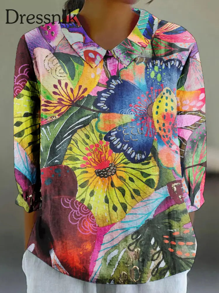 Frauen buntes Hemd mit Blumen kunst druck 3/4 Ärmel bunt / S