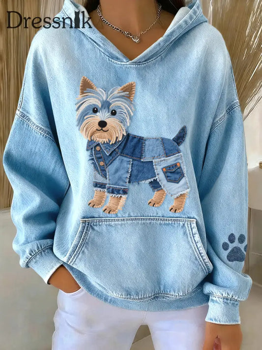 Frauen Denim Patchwork Kunst Yorkshire Terrier Hunde muster Hoodie blau / S