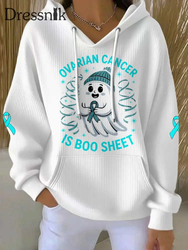 Frauen Eierstock krebs ist Boo Sheet Halloween Ghost Teal Ribbon Eierstock krebs Bewusstsein Hoodie Weiß / S