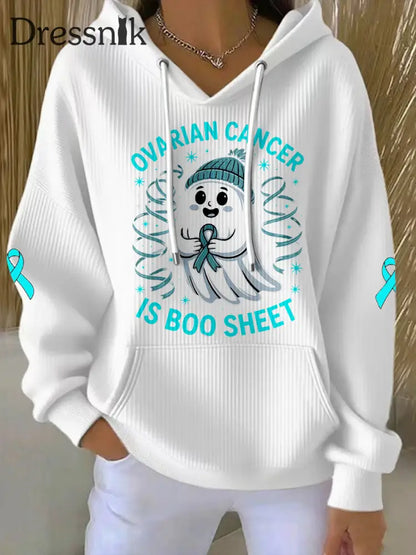 Frauen Eierstock krebs ist Boo Sheet Halloween Ghost Teal Ribbon Eierstock krebs Bewusstsein Hoodie Weiß / S