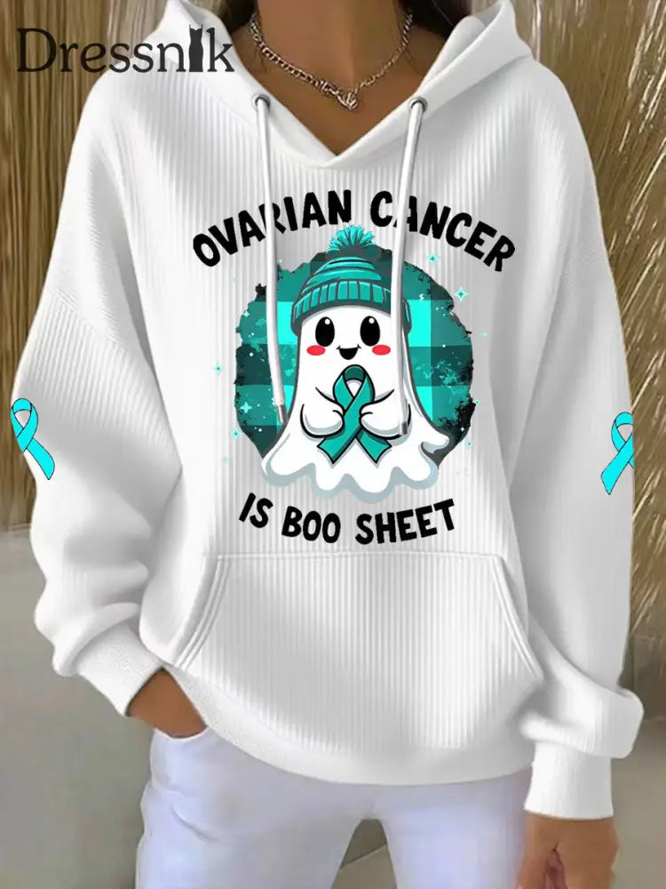 Frauen Eierstock krebs ist Boo Sheet Halloween Ghost Teal Ribbon Eierstock krebs Bewusstsein Hoodie Weiß / S