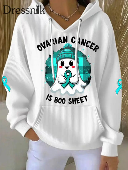 Frauen Eierstock krebs ist Boo Sheet Halloween Ghost Teal Ribbon Eierstock krebs Bewusstsein Hoodie Weiß / S