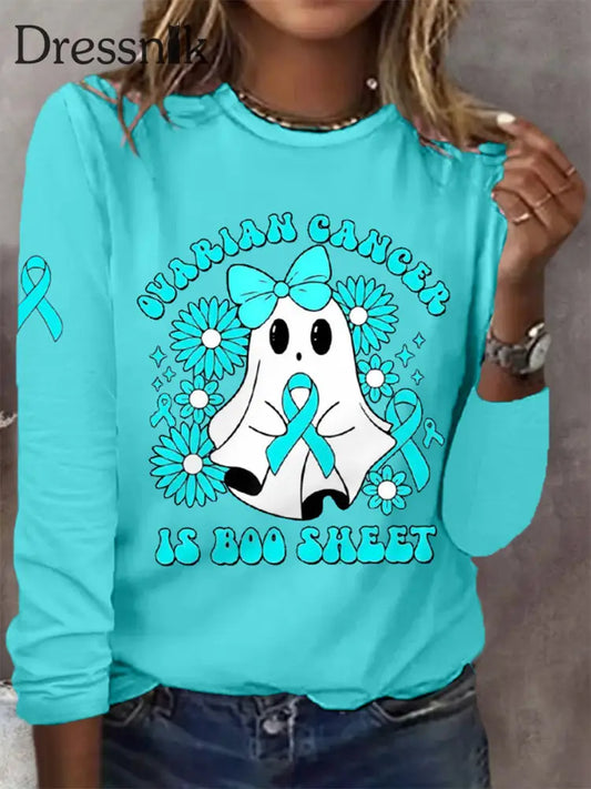 Frauen Eierstock krebs ist Boo Sheet Halloween Ghost Teal Ribbon Eierstock krebs Bewusstsein Langarm T-Shirt Blau-Grün