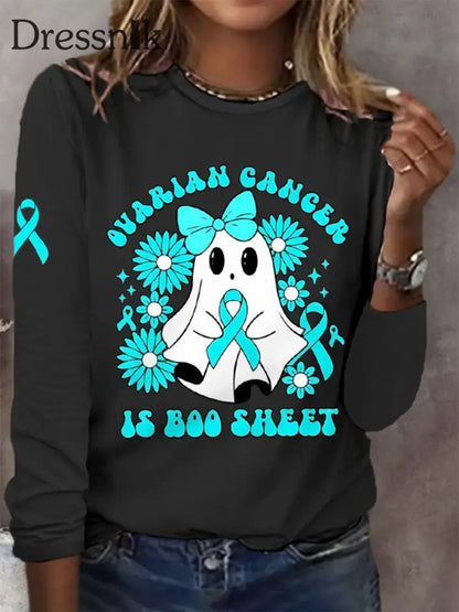 Frauen Eierstock krebs ist Boo Sheet Halloween Ghost Teal Ribbon Eierstock krebs Bewusstsein Langarm T-Shirt Schwarz / S