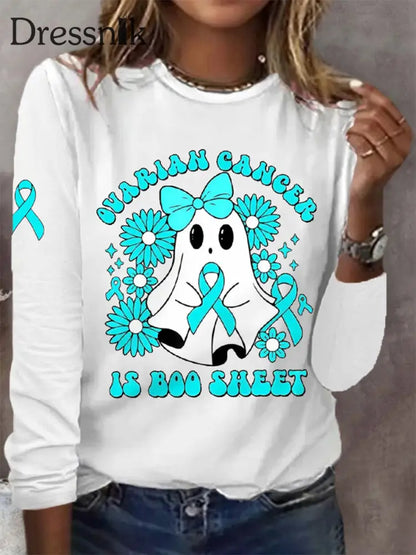 Frauen Eierstock krebs ist Boo Sheet Halloween Ghost Teal Ribbon Eierstock krebs Bewusstsein Langarm T-Shirt Weiß / S