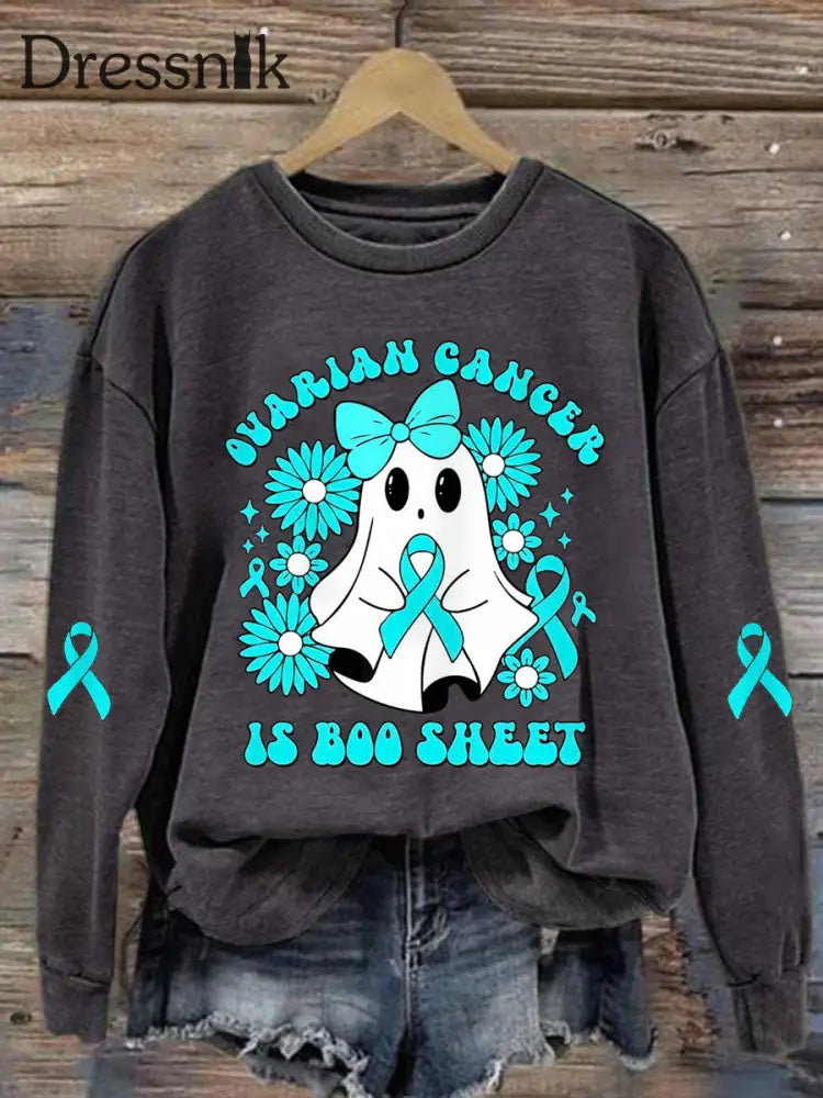 Frauen Eierstock krebs ist Boo Sheet Halloween Ghost Teal Ribbon Eierstock krebs Bewusstsein Sweatshirt Dunkelgrau / S