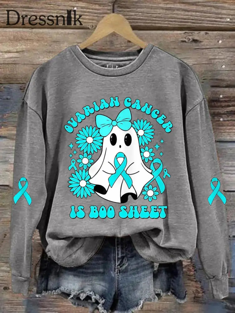 Frauen Eierstock krebs ist Boo Sheet Halloween Ghost Teal Ribbon Eierstock krebs Bewusstsein Sweatshirt Hellgrau / S