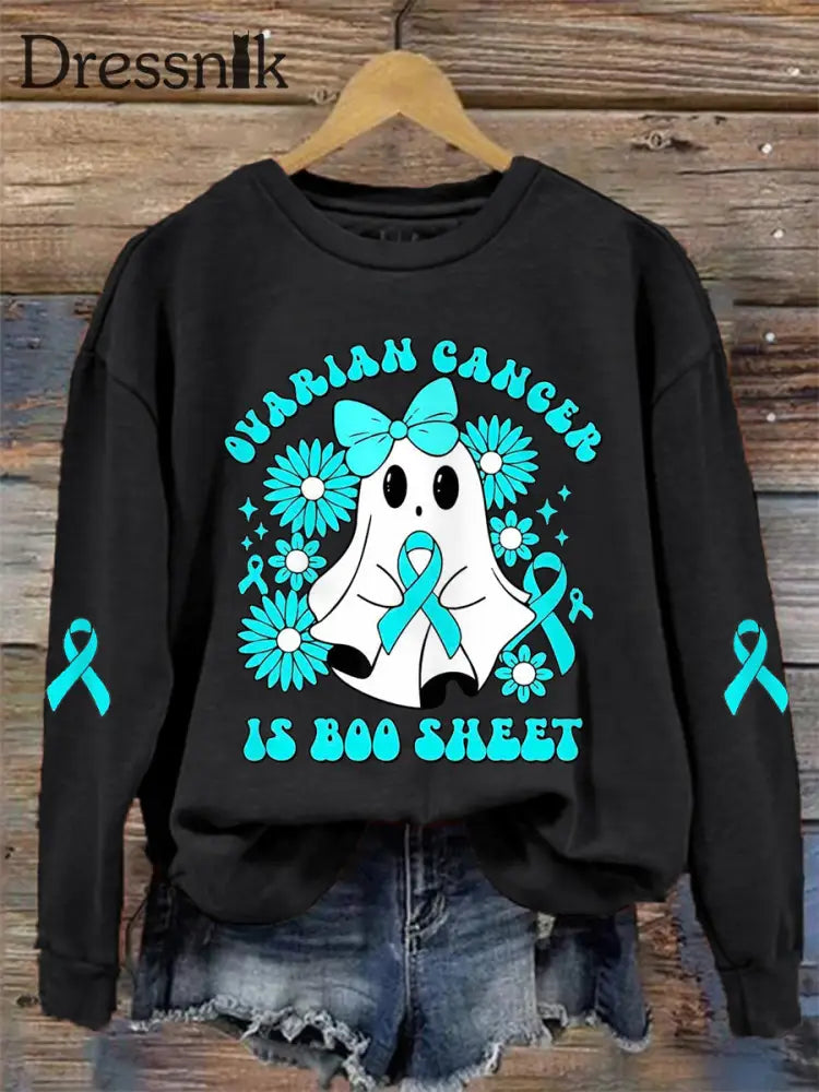 Frauen Eierstock krebs ist Boo Sheet Halloween Ghost Teal Ribbon Eierstock krebs Bewusstsein Sweatshirt Schwarz / S