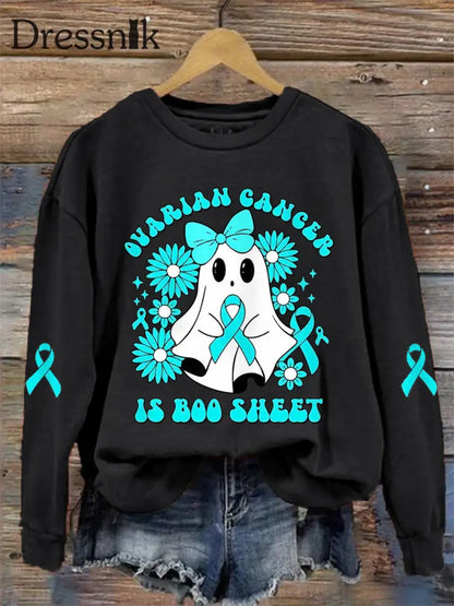 Frauen Eierstock krebs ist Boo Sheet Halloween Ghost Teal Ribbon Eierstock krebs Bewusstsein Sweatshirt Schwarz / S