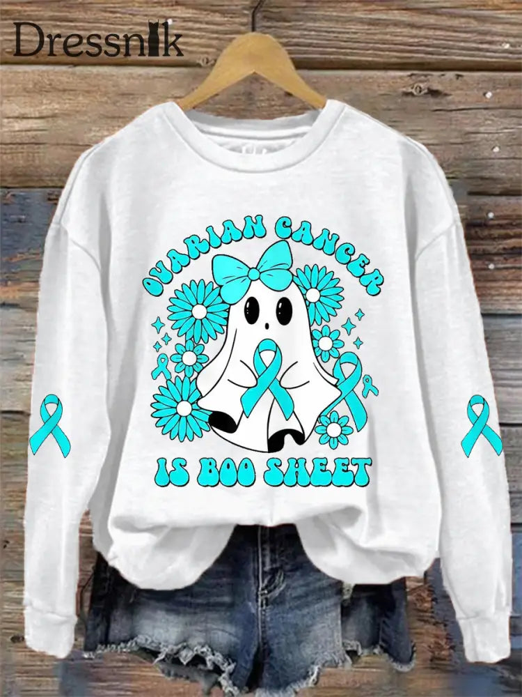 Frauen Eierstock krebs ist Boo Sheet Halloween Ghost Teal Ribbon Eierstock krebs Bewusstsein Sweatshirt Weiß / S