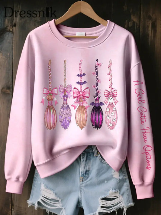 Frauen Ein Mädchen muss Optionen haben Hexenbesen-Print-Sweatshirt Hellrosa / S