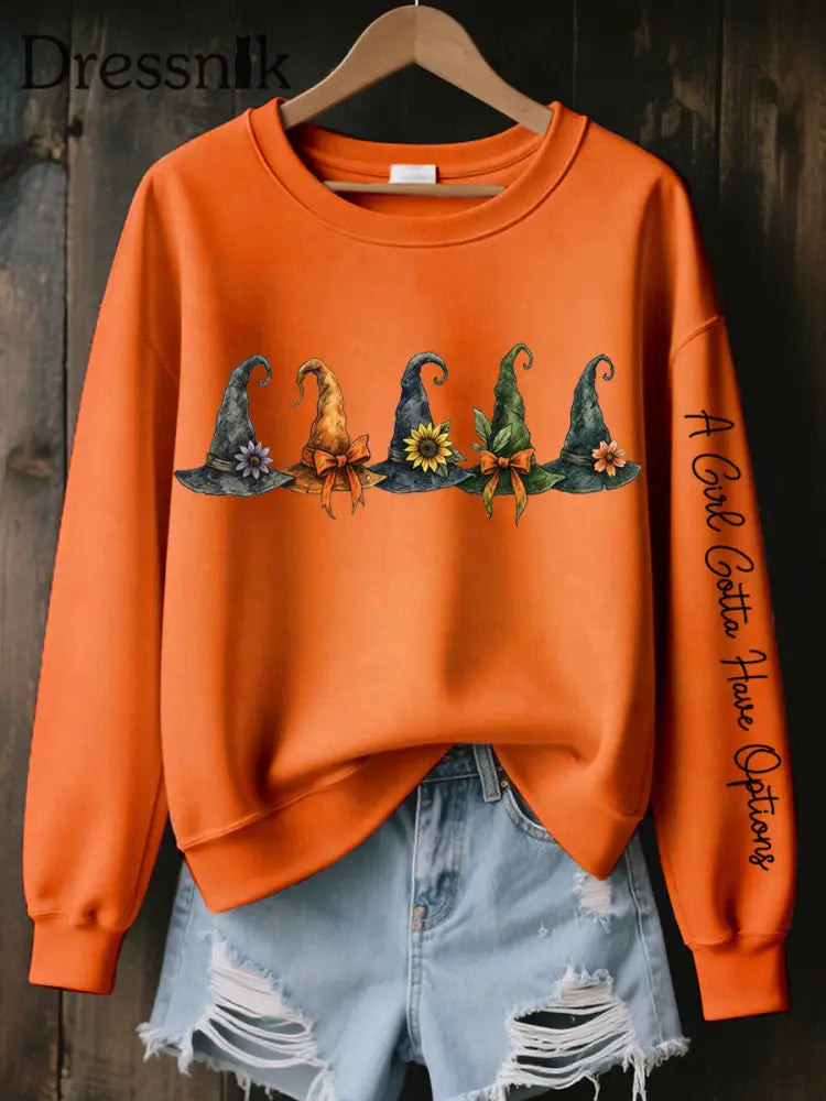 Frauen Ein Mädchen muss Optionen haben Hexenhut Print Sweatshirt Orange / S