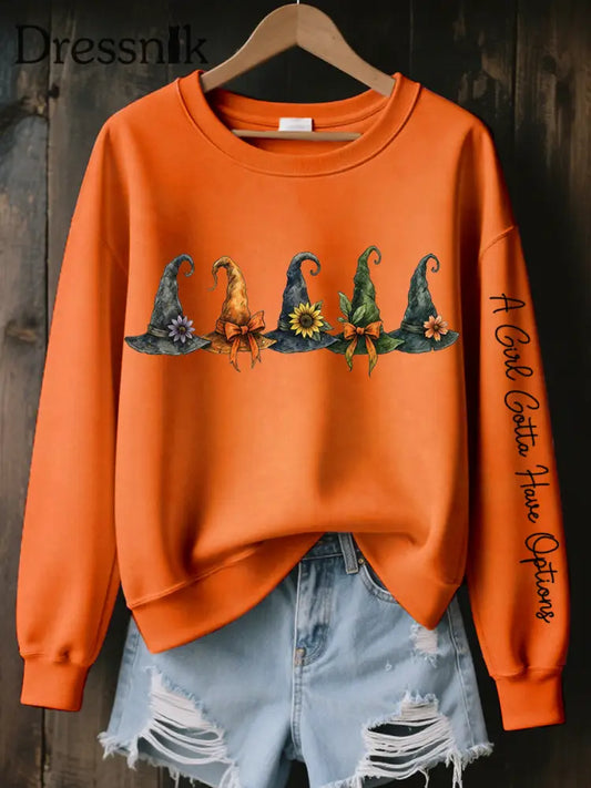 Frauen Ein Mädchen muss Optionen haben Hexenhut Print Sweatshirt Orange / S