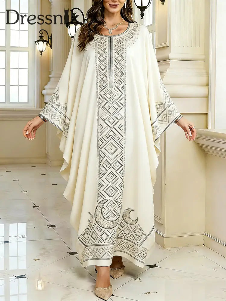 Frauen Elegantes künstlerisches Muster lässig lose Batwing Sleeve lange Plus Size Kleid A / EINS