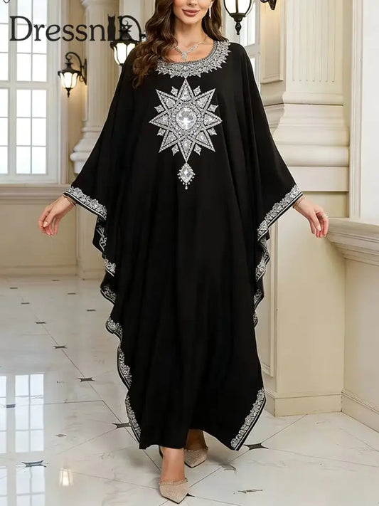 Frauen Elegantes künstlerisches Muster lässig lose Batwing Sleeve lange Plus Size Kleid A / EINS