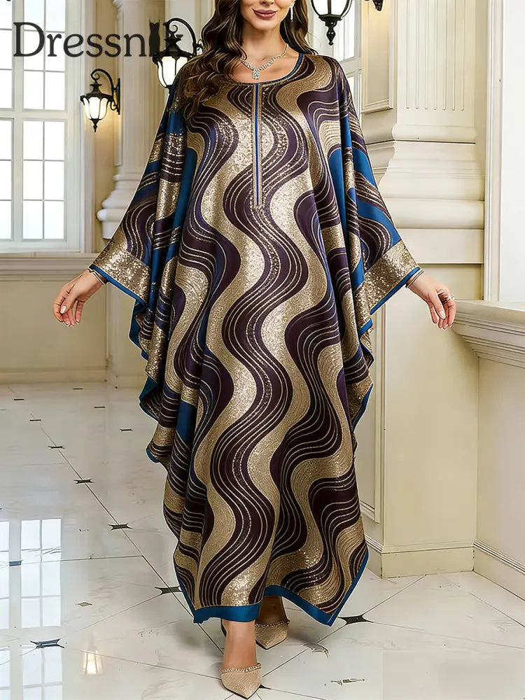 Frauen Elegantes künstlerisches Muster lässig lose Batwing Sleeve lange Plus Size Kleid A / EINS