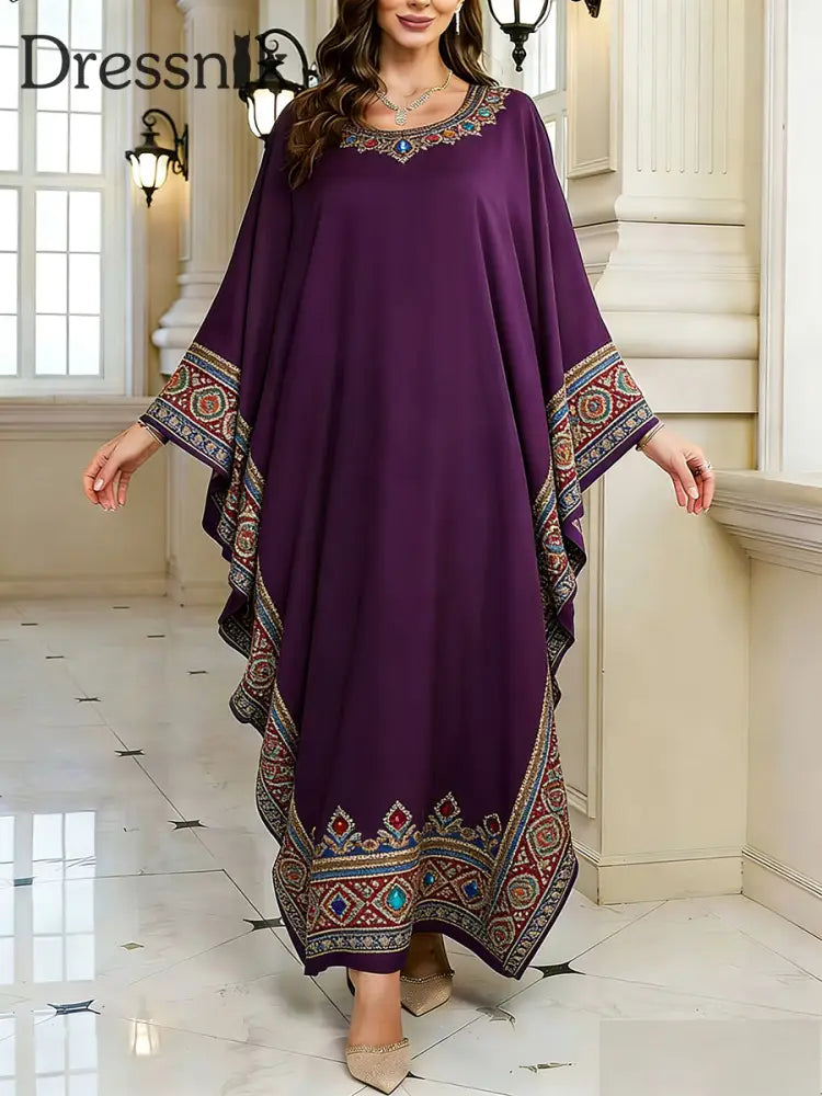 Frauen Elegantes künstlerisches Muster lässig lose Batwing Sleeve lange Plus Size Kleid A / EINS