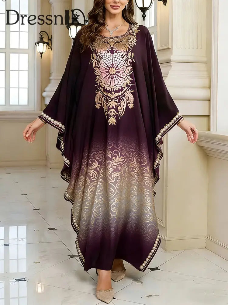 Frauen Elegantes künstlerisches Muster lässig lose Batwing Sleeve lange Plus Size Kleid A / EINS