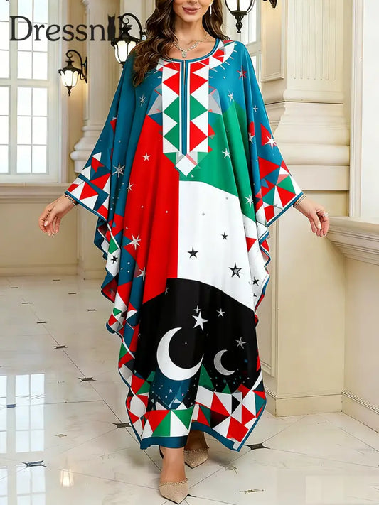 Frauen Elegantes künstlerisches Muster lässig lose Batwing Sleeve lange Plus Size Kleid A / EINS