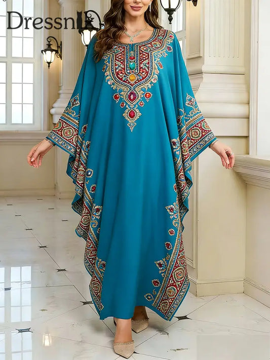 Frauen Elegantes künstlerisches Muster lässig lose Batwing Sleeve lange Plus Size Kleid A / EINS