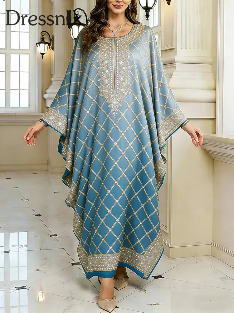 Frauen Elegantes künstlerisches Muster lässig lose Batwing Sleeve lange Plus Size Kleid A / EINS