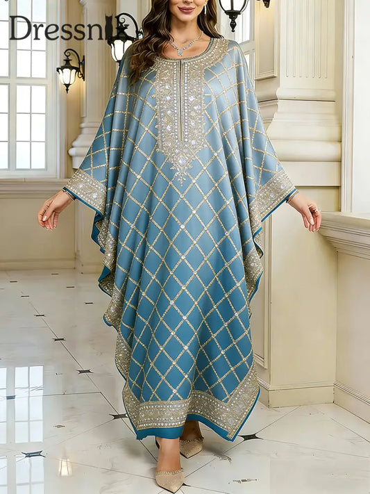 Frauen Elegantes künstlerisches Muster lässig lose Batwing Sleeve lange Plus Size Kleid A / EINS