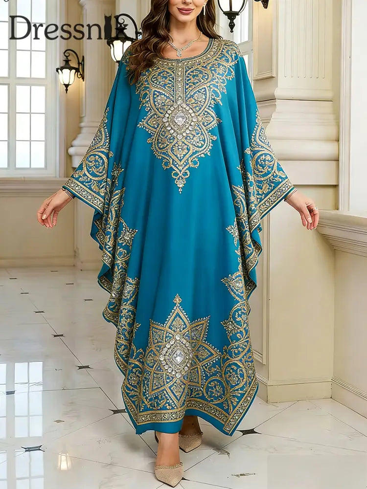 Frauen Elegantes künstlerisches Muster lässig lose Batwing Sleeve lange Plus Size Kleid A / EINS