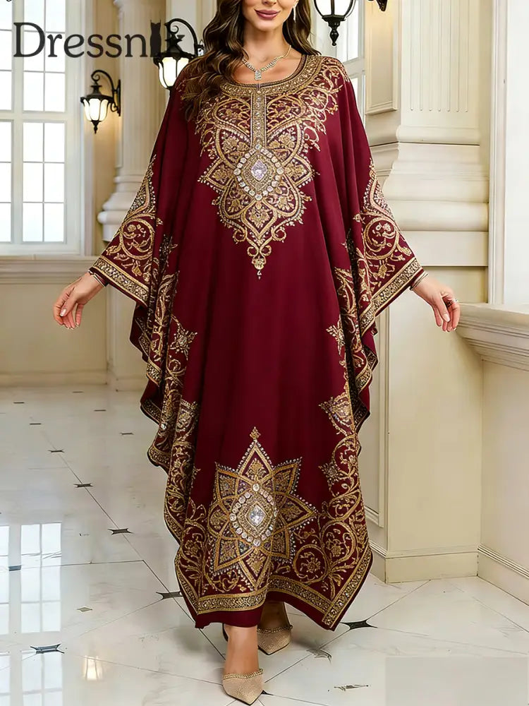 Frauen Elegantes künstlerisches Muster lässig lose Batwing Sleeve lange Plus Size Kleid A / EINS