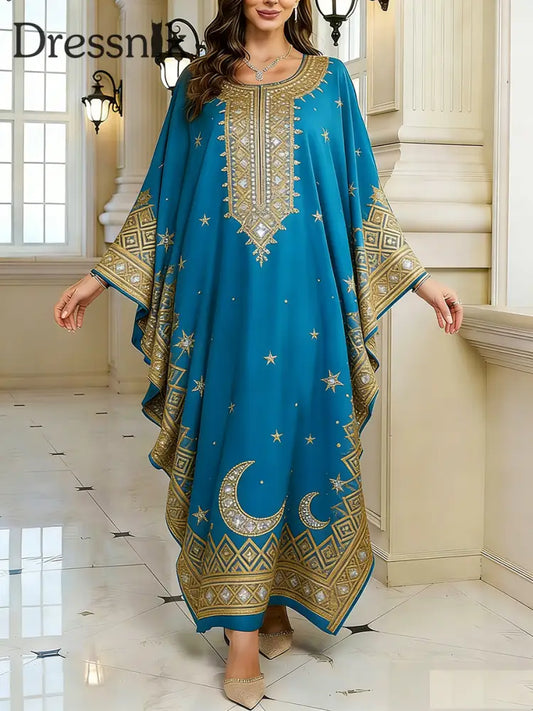 Frauen Elegantes künstlerisches Muster lässig lose Batwing Sleeve lange Plus Size Kleid A / EINS