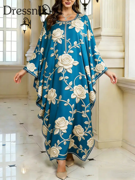 Frauen Elegantes künstlerisches Muster lässig lose Batwing Sleeve lange Plus Size Kleid A / EINS